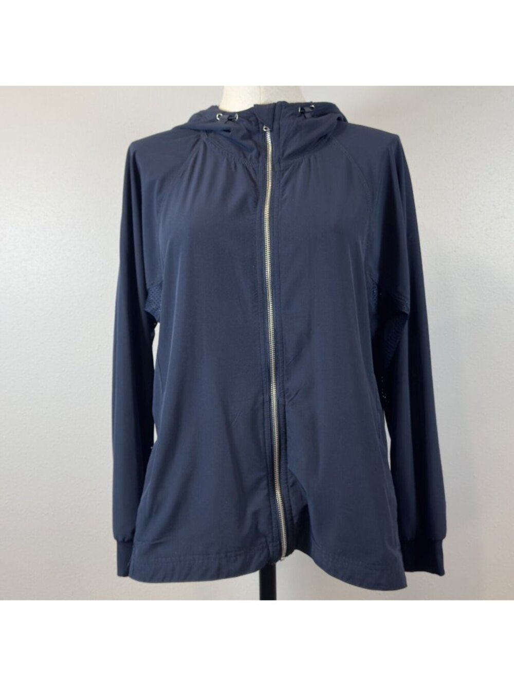 Christopher Banks Full Zip Jacket Womens Size P/L Navy Blue Hooded Pockets Light